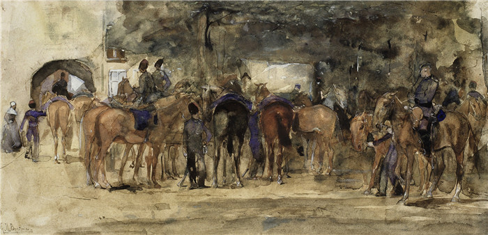 乔治·亨德里克·布莱特纳（George Hendrik Breitner）作品-骑兵在广场上休息