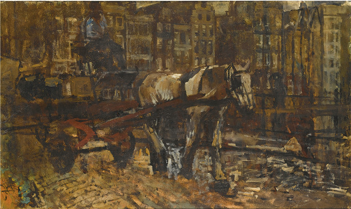 乔治·亨德里克·布莱特纳（George Hendrik Breitner）作品-一辆马车穿过阿姆斯特丹达姆拉克河畔的涅乌韦河