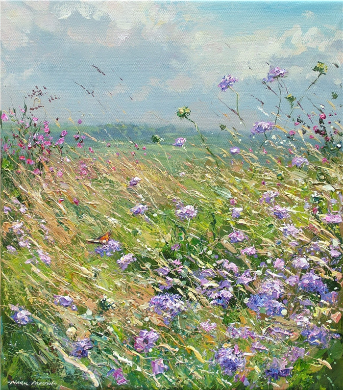 马克·普雷斯顿（Mark Preston）高清油画-沼泽 Scabious and Tortoiseshell Bonsall Moor l 16x14