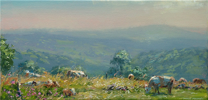 马克·普雷斯顿（Mark Preston）高清油画-朦胧的早晨邦索尔沼泽 Hazy Morning Bonsall Moor 8x16