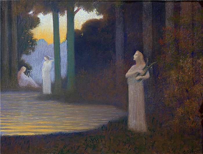 阿尔方斯·奥斯伯特(Alphonse Osbert) 高清油画-森林中的弹唱Lyricism in the Forest