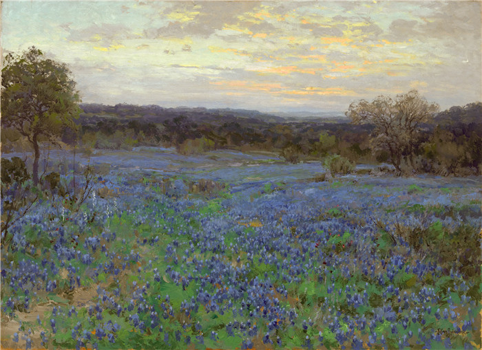 朱利安·昂德多克(Julian Onderdonk)高清油画-日落时的蓝帽田野（1919-1920）