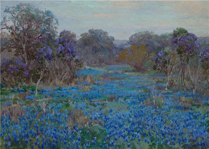 朱利安·昂德多克(Julian Onderdonk)高清油画-矢车菊Field of Bluebonnets with Trees