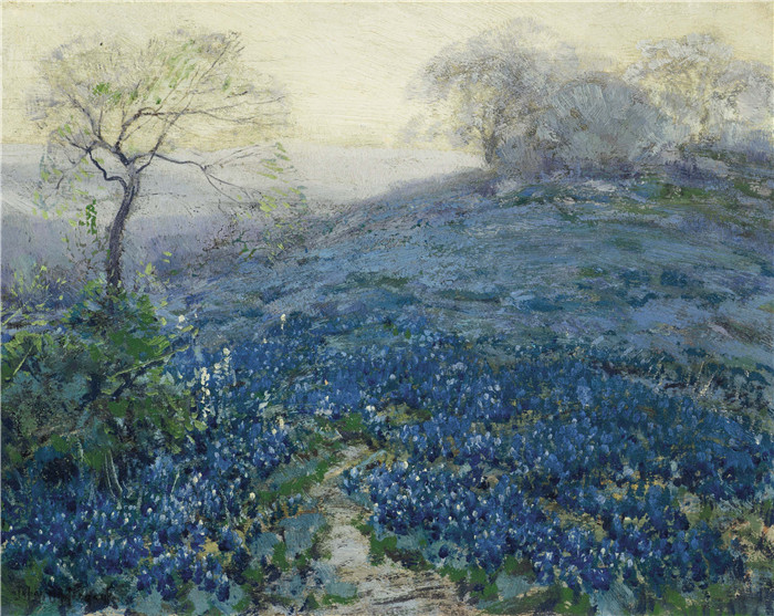 朱利安·昂德多克(Julian Onderdonk)高清油画-山坡上的草地上的蓝矢车菊