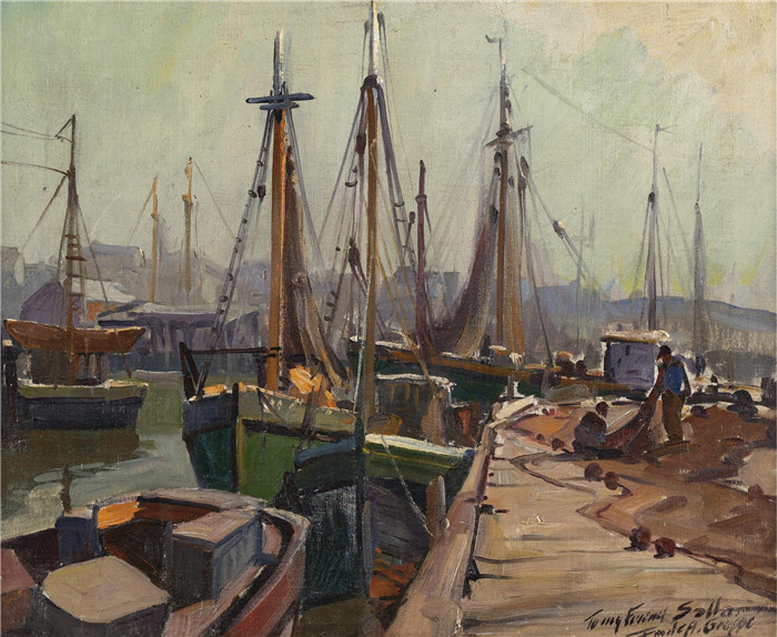 埃米尔·阿尔伯特·格鲁佩（Emile Albert Gruppe）高清作品-格洛斯特上港 UPPER HARBOR, GLOUCESTER