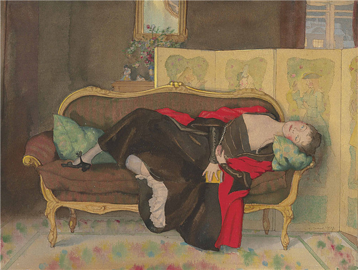 康斯坦丁·索莫夫(Konstantin Somov)高清作品-躺在沙发上的女士