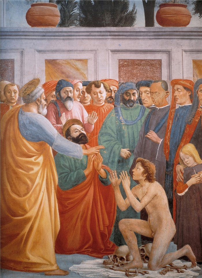 马萨乔（Masaccio）高清作品-提奥菲勒斯之子和圣彼得登基Raising of the Son of Teophilus and St. Peter Enthroned. Detail.