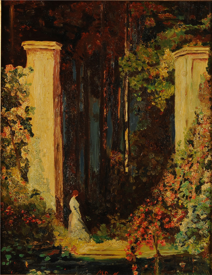 托马斯·埃德温·莫斯汀（Thomas Edwin Mostyn）作品-一个女人站在一座魔法花园的石柱入口旁