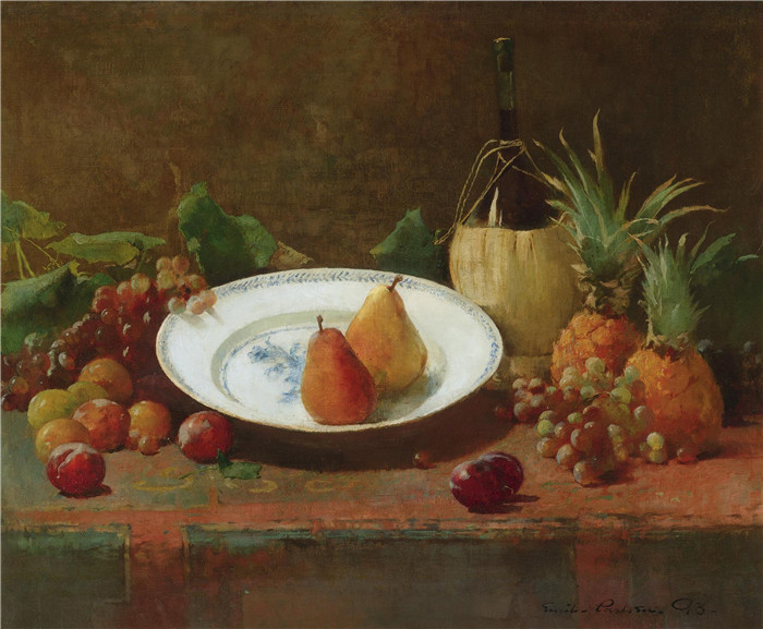 埃米尔·卡尔森（Emil Carlsen）高清作品-水果和酒罐静物Still Life with Fruit and Wine Jug, 1893