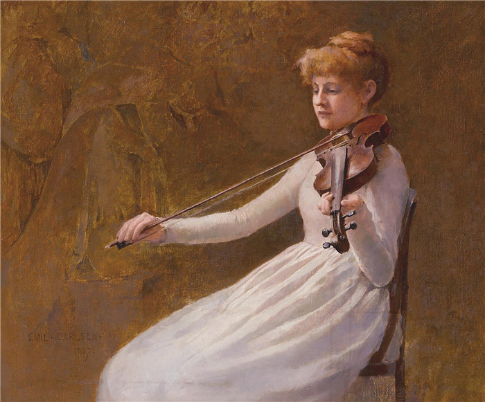 埃米尔·卡尔森（Emil Carlsen）高清作品-小提琴女孩Girl with a Violin, 1887