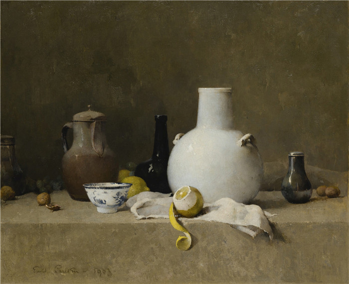 埃米尔·卡尔森（Emil Carlsen）高清作品-陶罐静物Still Life with Pottery Jars, 1903