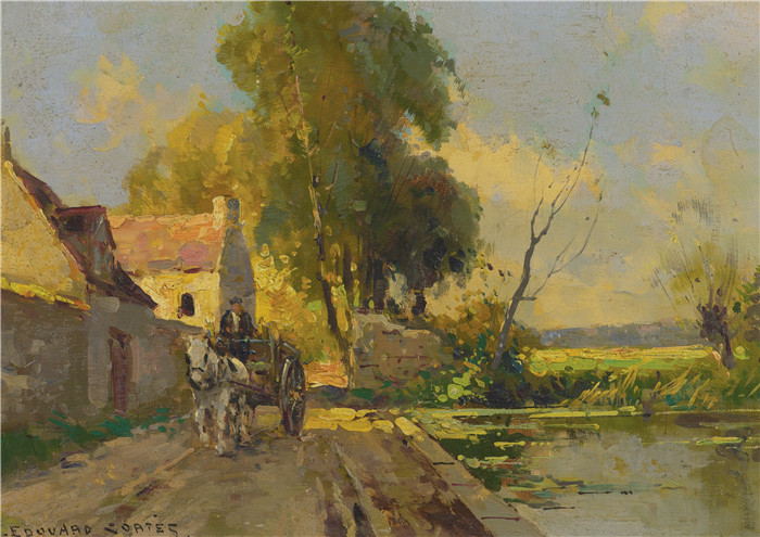 科尔特斯 (edouard leon cortes)作品-沿着池塘带马车的马Лошадь, везущая телегу вдоль пруда (33 х 45.7 см)