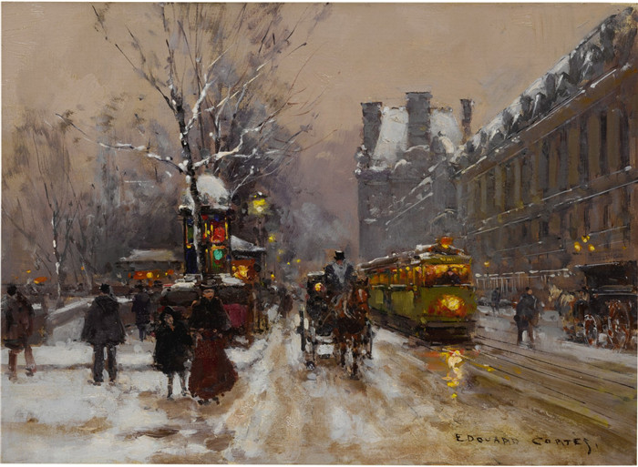 科尔特斯 (edouard leon cortes)作品-雪下的卢浮宫码头