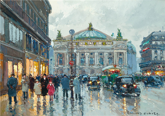 科尔特斯 (edouard leon cortes)作品-雨中歌剧院前的人物