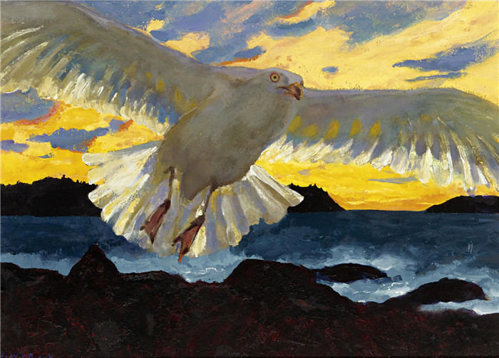 杰米‧怀斯(Jamie Wyeth)油画作品-黎明海鸥 2000年