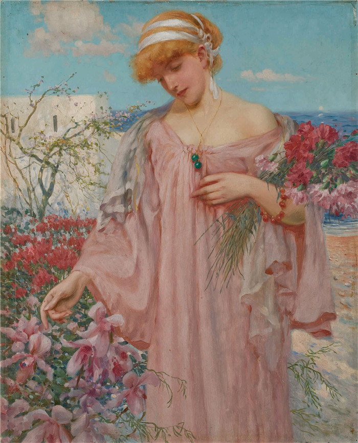 弗尔南德·图森特(Fernand Toussaint) 高清作品-花之优雅 elegante cueillant des fleurs