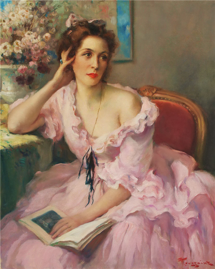 弗尔南德·图森特(Fernand Toussaint) 高清作品-女士粉红色连衣裙 Ladyinpinkdress