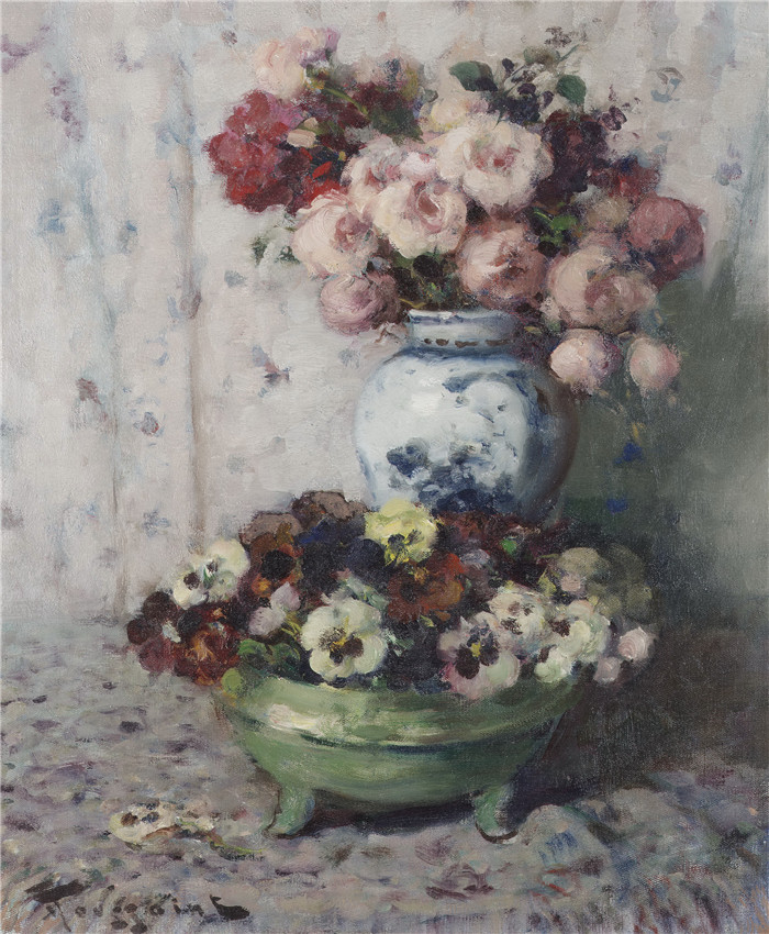 弗尔南德·图森特(Fernand Toussaint) 高清作品-玫瑰和三色堇roses and pansies