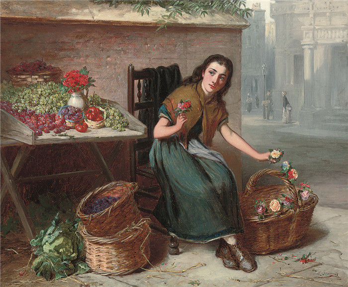 爱德华·查尔斯·巴恩斯（Edward Charles Barnes）油画-卖花人The flower seller