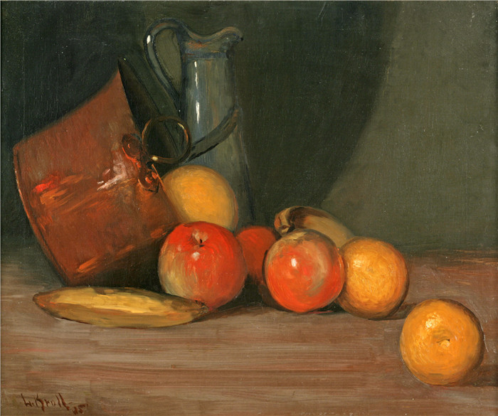《静物》莱昂·克罗尔(Leon Kroll)高清作品-Still Life of Fruit with a Copper Pot