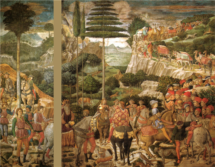 《贤士礼拜堂》贝诺佐·戈佐利（Benozzo Gozzoli）作品-Cappella dei magi, parete ovest senza scantonatura