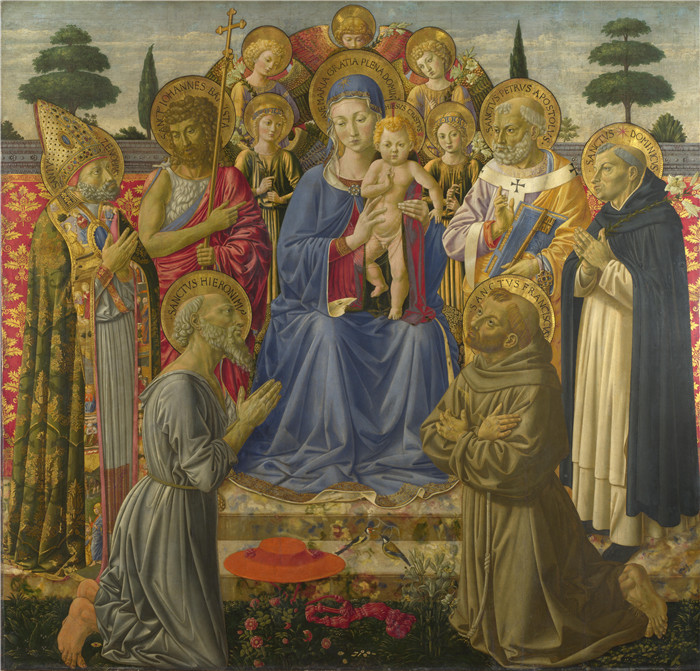 《圣母和圣子坐在天使和圣徒中间》贝诺佐·戈佐利（Benozzo Gozzoli）作品-The Virgin and Child Enthroned among Angels and Saints