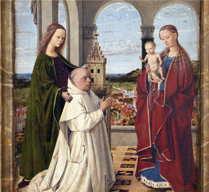 彼得鲁斯·克里斯特斯（Petrus Christus）作品-圣母与孩子、圣芭芭拉和一位卡尔特修道士
