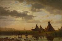 阿尔伯特·<font color='red'>比尔施塔特</font>（Albert Bierstadt）高清油画-iew of Chimney Rock, Ogalillalh Sioux Village in Foreground